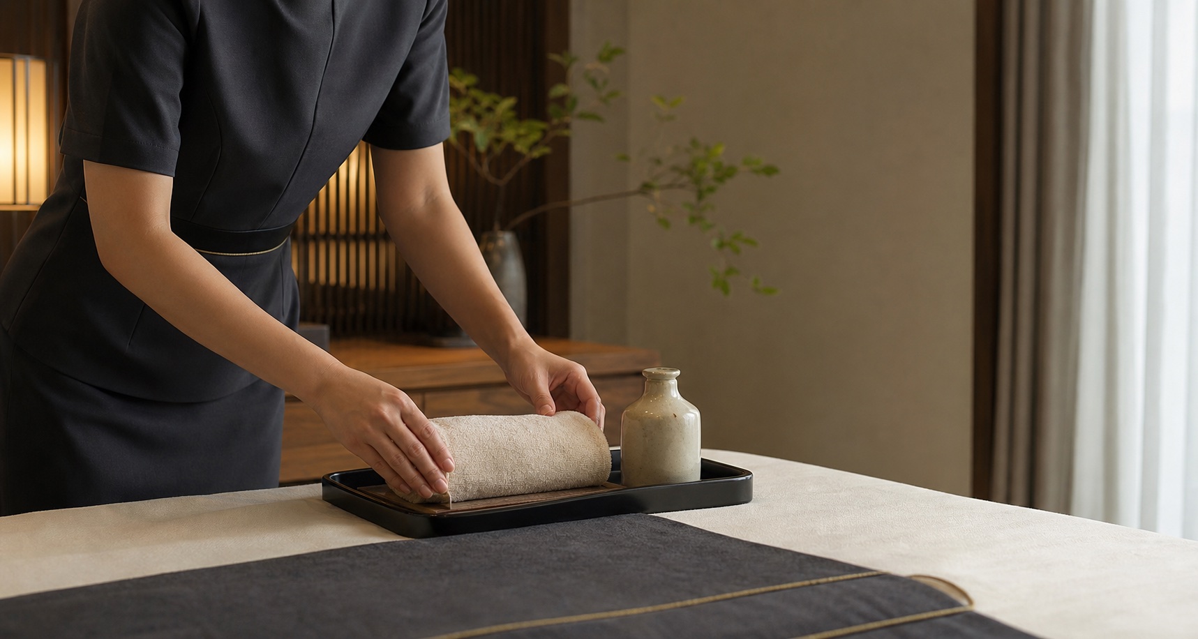 施術の準備を一つひとつ丁寧に整えるセラピスト